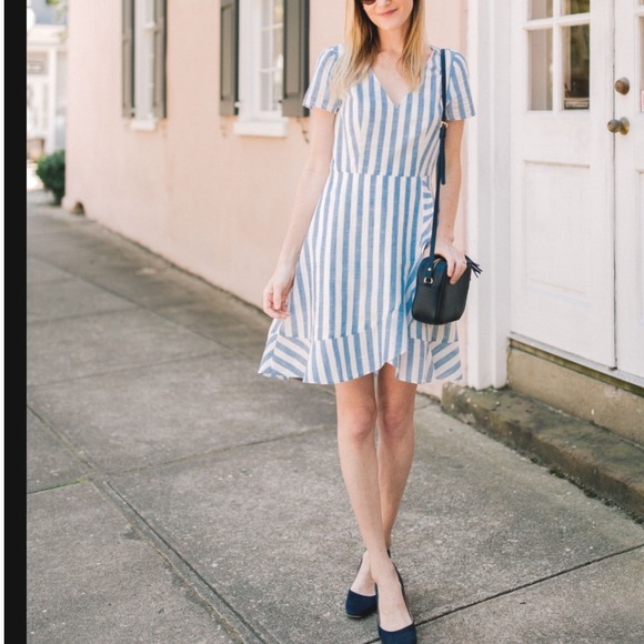 J.Crew Dresses & Skirts - J.Crew Faux Wrap Dress Blue Stripe Cotton Ruffle Hem Party Nautical Preppy Wmn M
